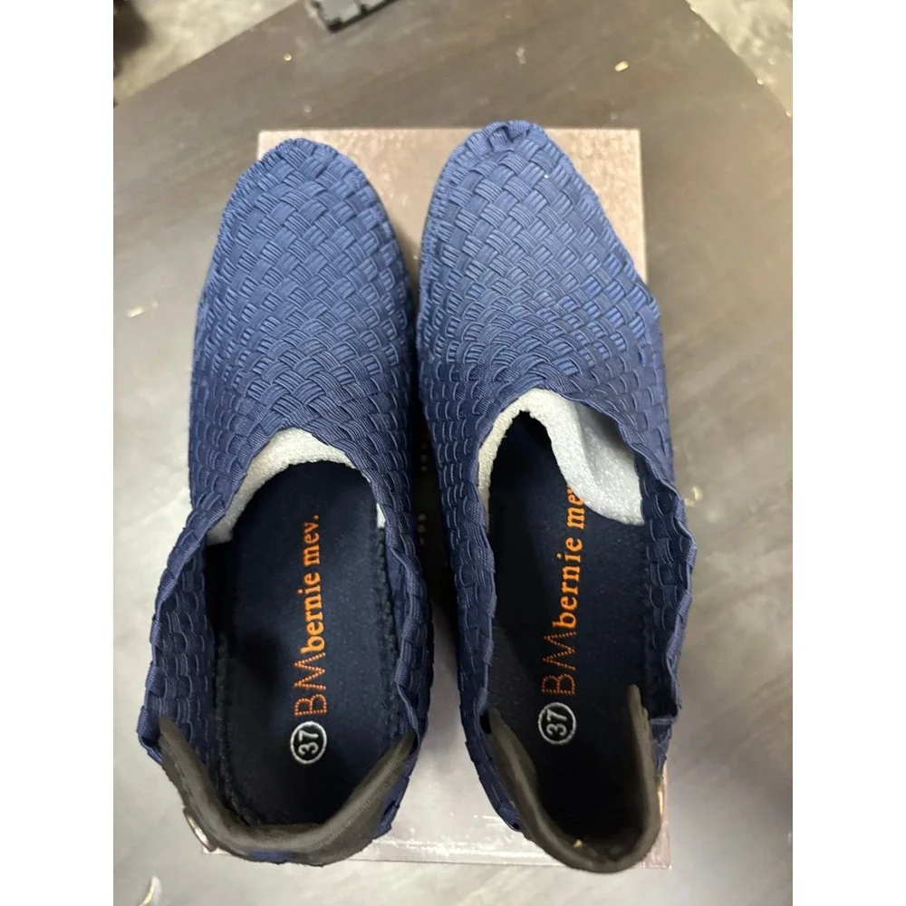Bernie Mev Gem Yael Navy Woven Elastic Wedge Shoes Size 37 US 6-6.5 NEW